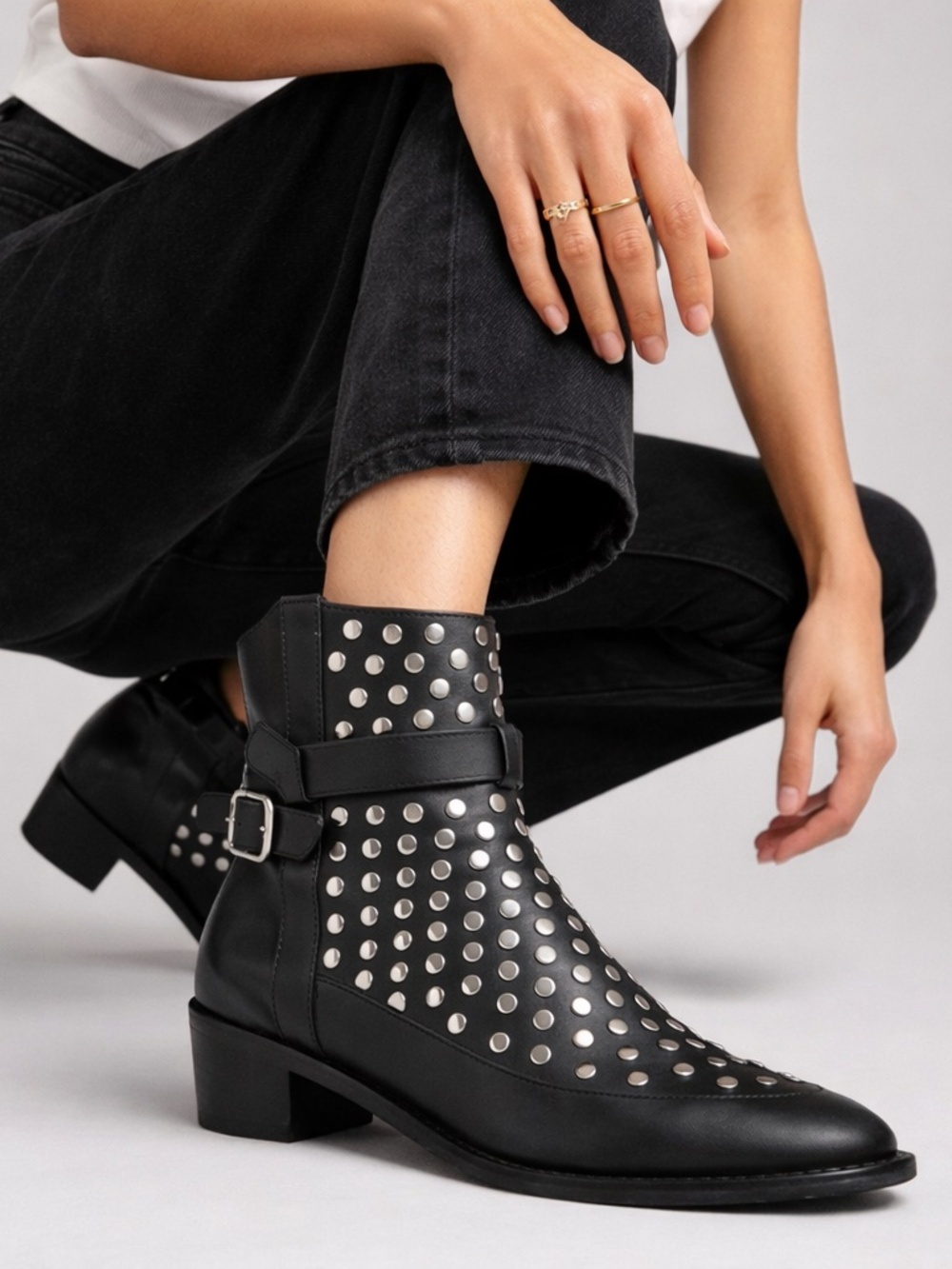 Loeffler Randall Black Studded Moto Ankle Boots Leather Buckle 8.5 Federica